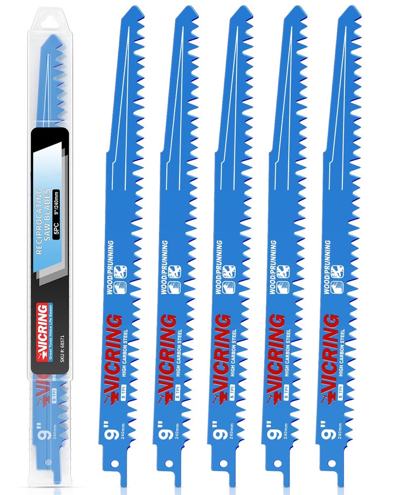 VICRING Wood Pruning Reciprocating Saw Blades 9 Inch Sawzall Blades for Trees High Carbon Steel Pruning Blade for Reciprocating Saw (5 Pack/5TPI) - Image 1